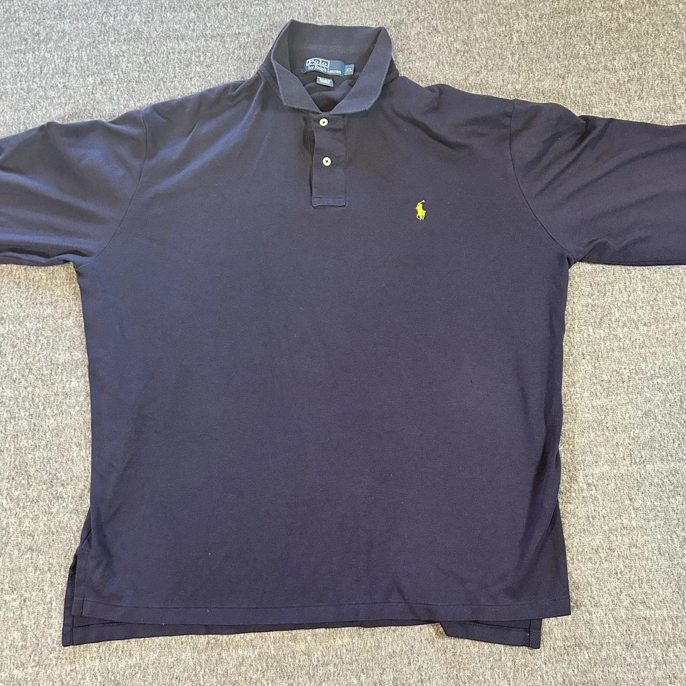 Polo Ralph Lauren Long Sleeve Polo Shirt Men XL Navy Blue Yellow Pony Golf Rugby